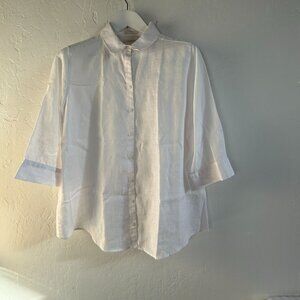 Chico's Womens White Linen Button-Up Shirt Size 2P No-Iron 3/4 Sleeves Casual